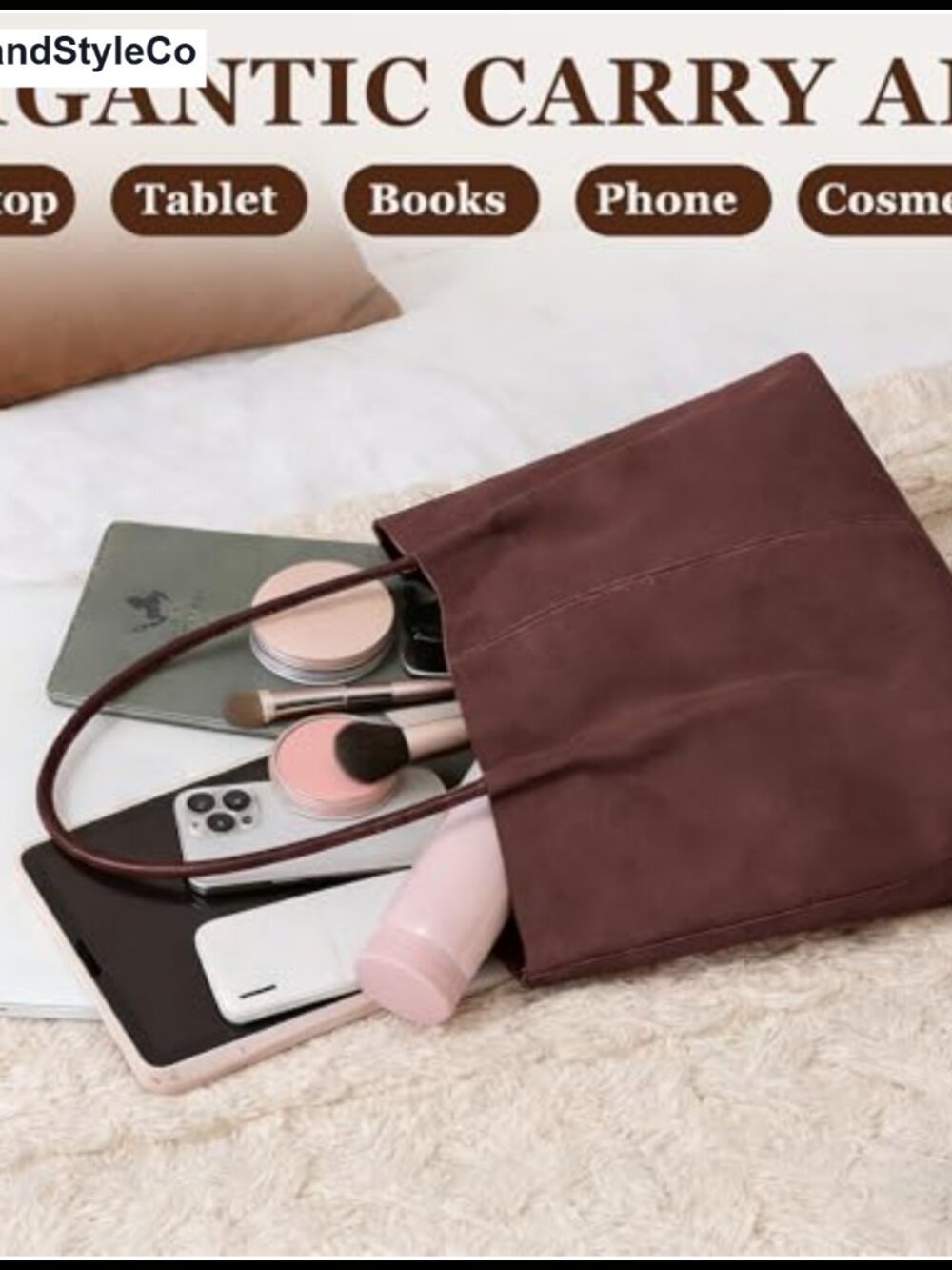 Faux Suede Large Work Tote Fits 15.6" Laptop with Pouch - Picture 3 of 6